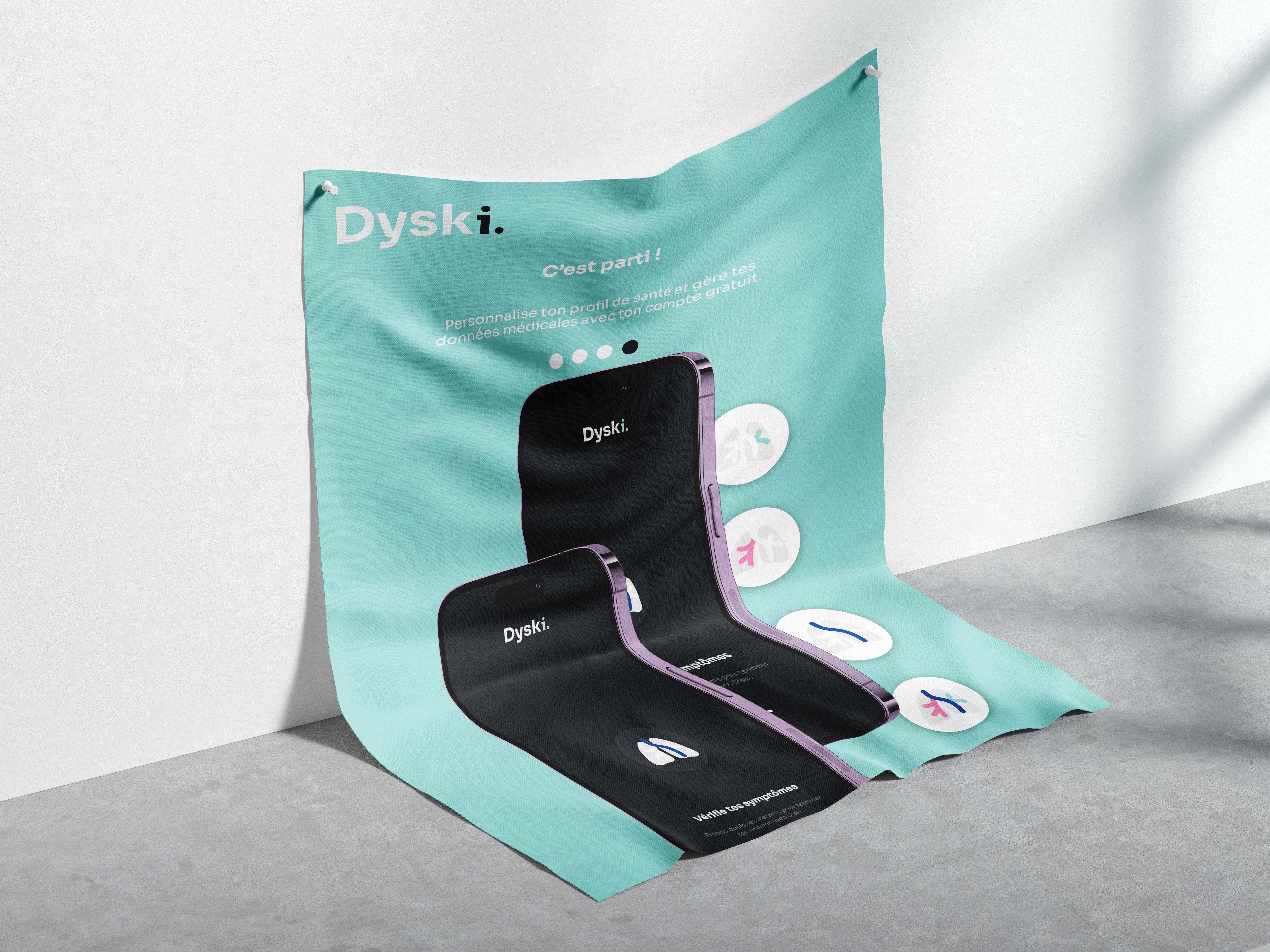 Free Wall Hanging Poster Mockup, Dyski, application de santé en design UX/UI par Florent Andarelli