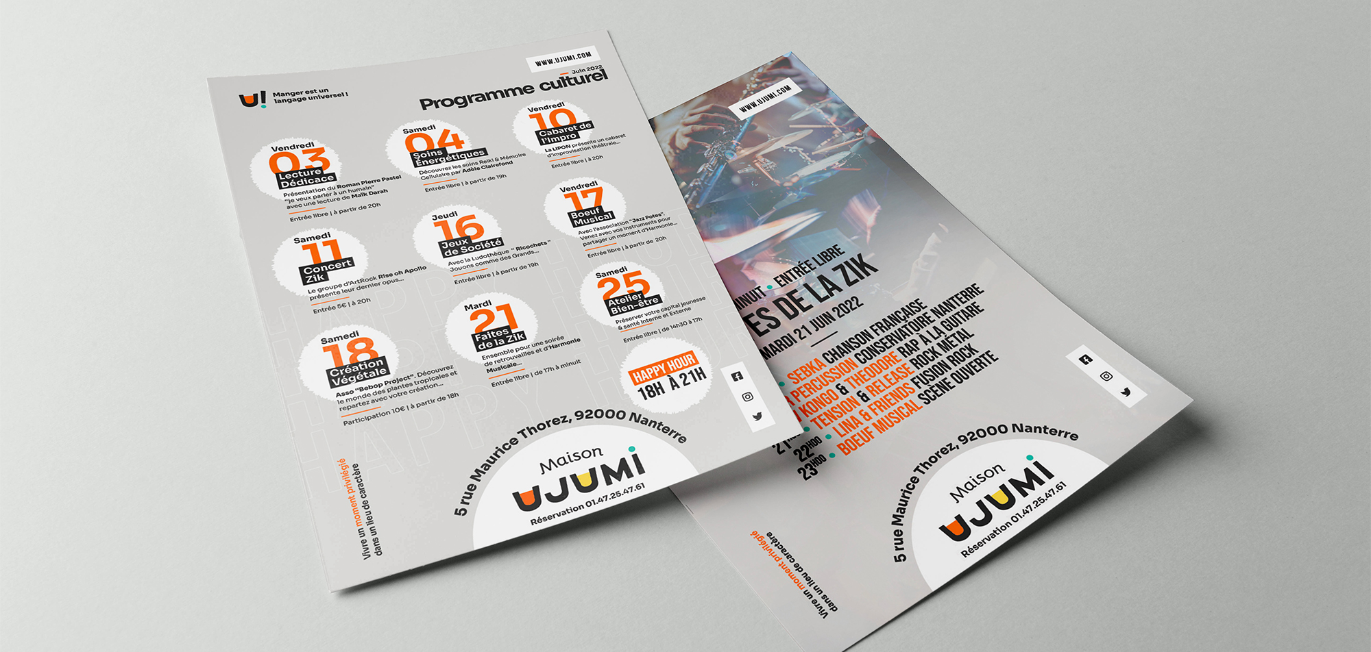 Flyers evenements UJUMI, UJUMI, refonte d'identité visuelle par Florent Andarelli