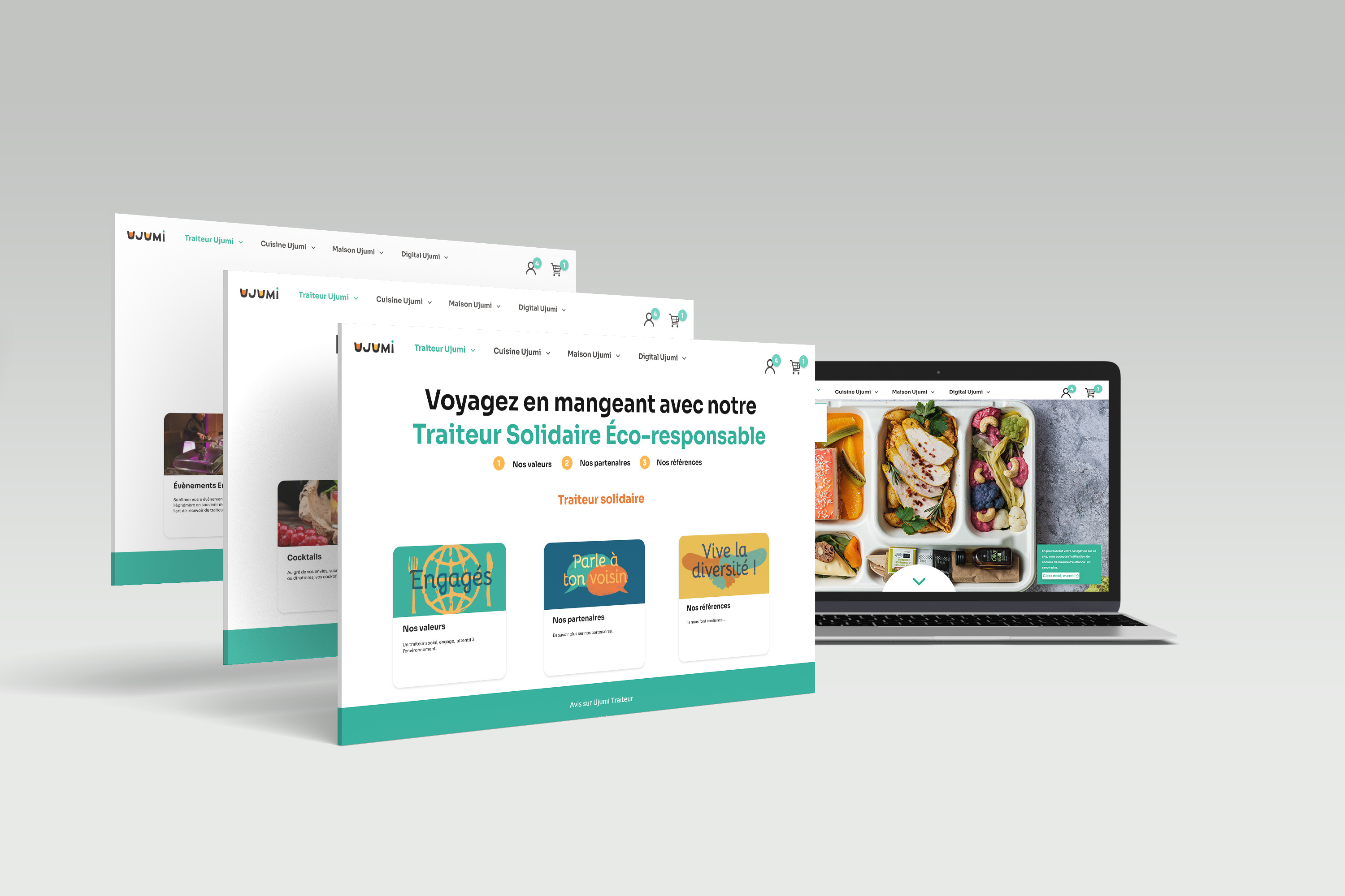 Mockup page traiteur, UJUMI, refonte d'identité visuelle par Florent Andarelli